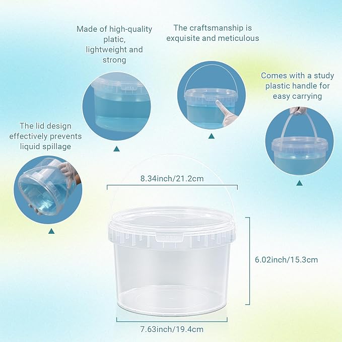 10 Pack 1 Gallon Plastic Bucket with Handle and Lid Food Storage Bucket Containers All Purpose Pail for Multipurpose Paint Water Art Crafts Projects Garage Organization (1 Gallon Transparent)