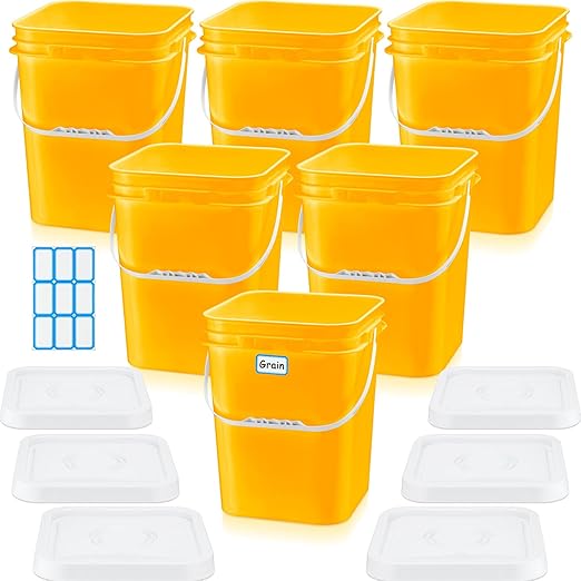 Vesici 6 Pcs 5 Gallon Food Grade Square Buckets with Lids 5 Gal Plastic Food Storage Square Bucket Heavy Duty Industrial Pail Container with DIY Label Stickers Handles for Water Painting(Yellow)