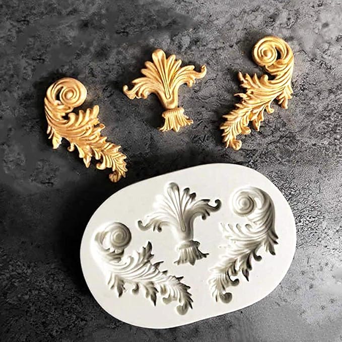 muyulin Baroque Silicone Molds Decorative Clay Mould, Fleur-de-lis Patterns 6 Pieces Scroll Feather Design for Chocolate Cake Decoration Cupcake Toppers