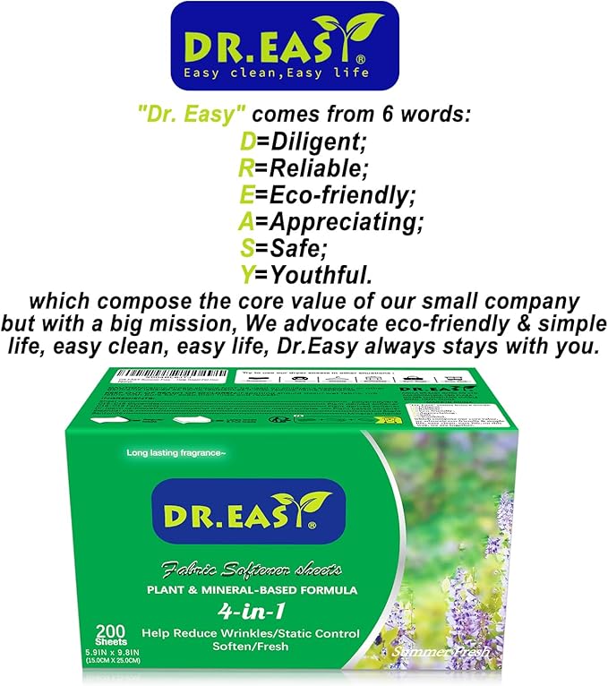 DR.EASY SUMMER FRESH Dryer Sheets Plant Based Formula 200 Ct Fabric Softener sheets for Laundry Essential Oil Scented No Artificial Fragrances No Dyes Reduce Static & Wrinkles Help Repel Pet Hair