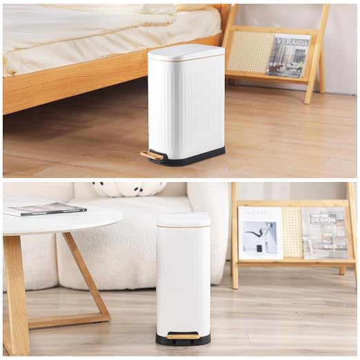 Slim Bathroom Trash Can with Soft Close Lid Stainless Steel Garbage Can Step Trash Bin with Removable Inner Bucket for Bedroom, Office, Kitchen (Matt White, 3.5 Gallons)