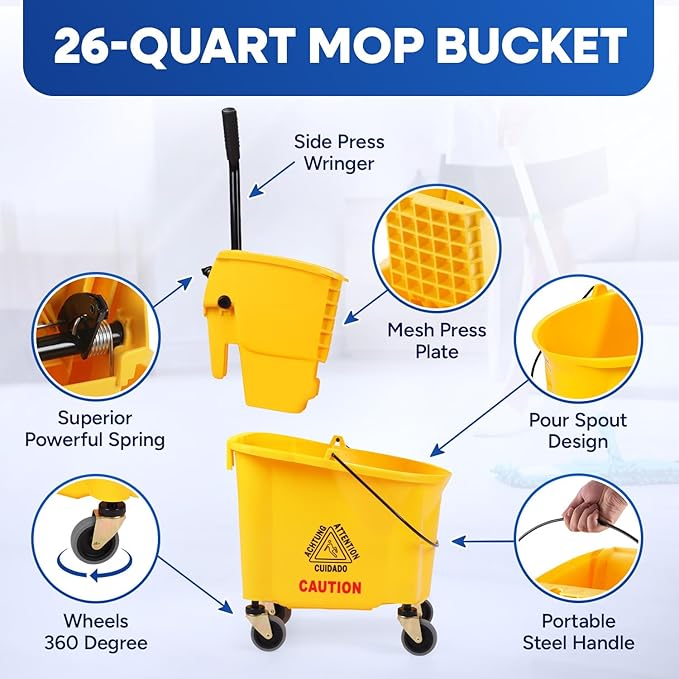 Commercial Mop Bucket with Wringer on Wheels, Heavy Duty Industrial Mop Bucket and Wringer Separate Dirty Water for Home Office Restaurant Business, 26 Quart - Yellow