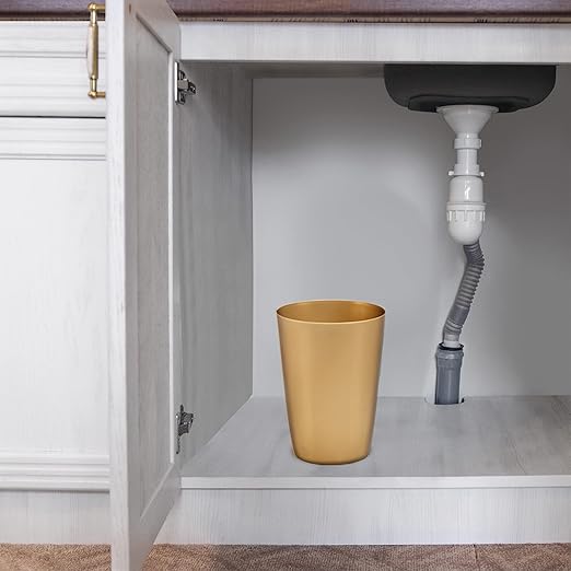 Mini Waste Basket - Pack of 2 Durable Small Plastic Garbage Trash Can Bin - Lidless Open-Top Rectangular Slim Profile for Compact Spaces - Suitable for Home, Bathroom, Office & More, Soft Brass