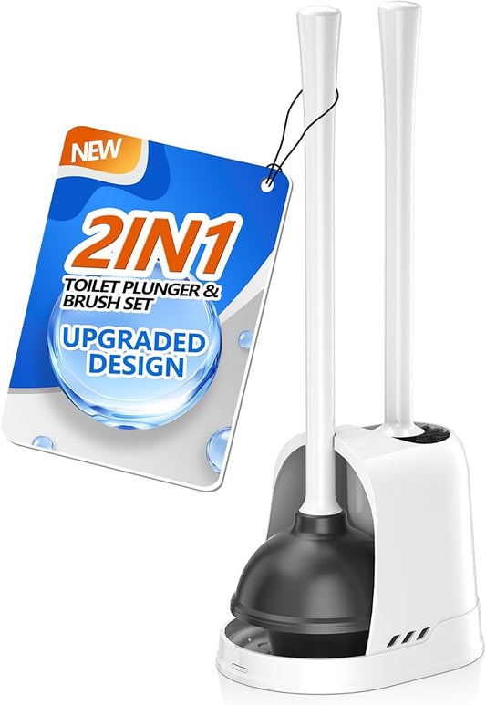 Toilet Plunger and Brush, Bowl Brush and Heavy Duty Toilet Plunger Set with Ventilated Holder, 2-in-1 Toilet Brush and Plunger Combo for 5.3-inch Toilet Drain Bathroom Cleaning (White)