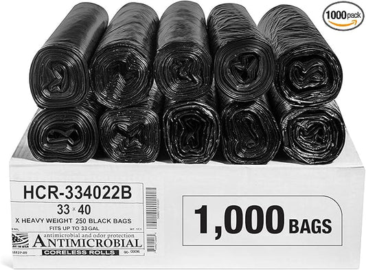Aluf Plastics High Density Trash Bags, 33 Gallon, 1000 Count, 22 Micron (eq), 33" x 40", Black, for Bathroom, Office, Industrial, Commercial, Janitorial, Municipal, Recycling