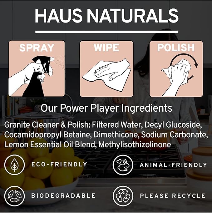 Daily Granite Countertop Cleaner And Polish Kit, Quartz Countertop Cleaner, Formulated To Work On All Natural Stones, Eco Friendly & Plant Based, Safe For Kids And Pets