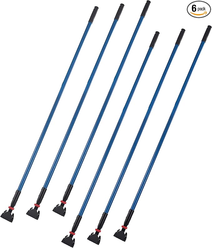 Matthew Cleaning Commercial Quick-Change Dust Mop Handle with Clip-on Metal Gripper for Heavy Duty Mop Head Replacement Holder, Fiberglass Handle 60 inch 6packs-Blue