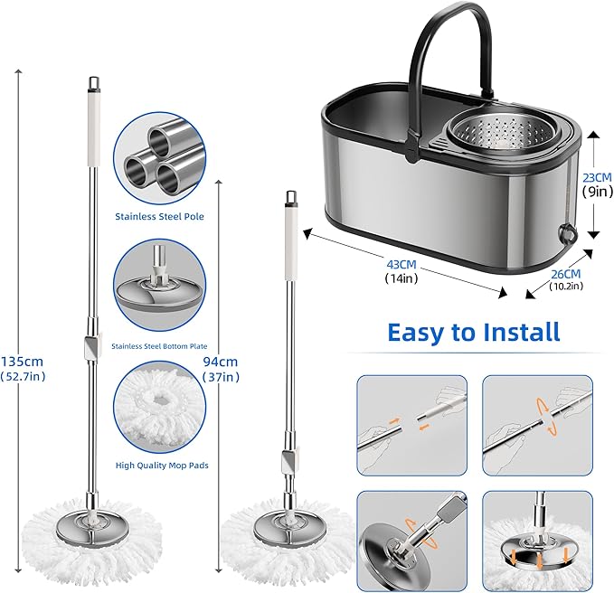 Spin Mop and Bucket with Wringer Set for Home,360° Mop and Bucket with Separate Clean and Dirty Water,Wet Dust Mop for Floor Cleaning with Extra Refills (Silver with 6 Pads)
