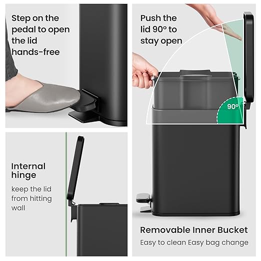 Cesun Bathroom Trash Can with Lid, 2.6 Gallon Small Black Bathroom Garbage Can Soft Close, Stainless Steel Waste Basket with Step Pedal for Bedroom, Laundry Room, Living Room, Home Office, Toilet, RV