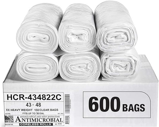 Aluf Plastics High Density Trash Bags, 56 Gallon, 600 Count, 22 Micron (eq), 43" x 48", Clear, for Bathroom, Office, Industrial, Commercial, Janitorial, Municipal, Recycling
