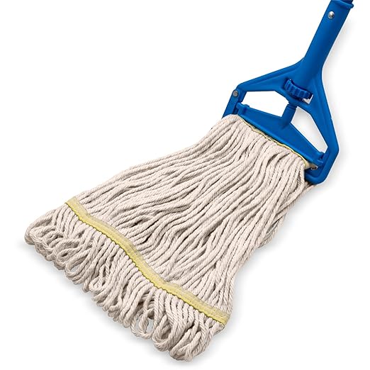 SPARTA Flo-Pac Acrylic Mop Head, Loop-Ended, Narrow Band with 1" Yellow Band for Organized Cleaning, Small, Natural, (Pack of 12)