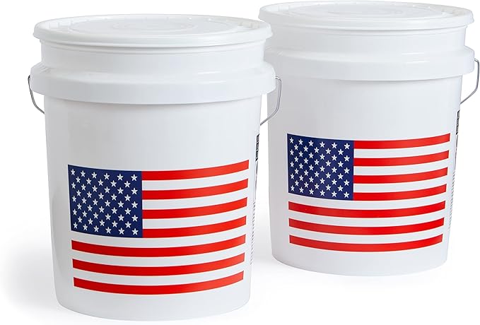 United Solutions 5 Gallon Bucket, Heavy Duty Plastic Bucket, Comfortable Handle, Perfect for on The Job, Home Improvement, or Household Cleaning, White with USA Flag, Pack of 2