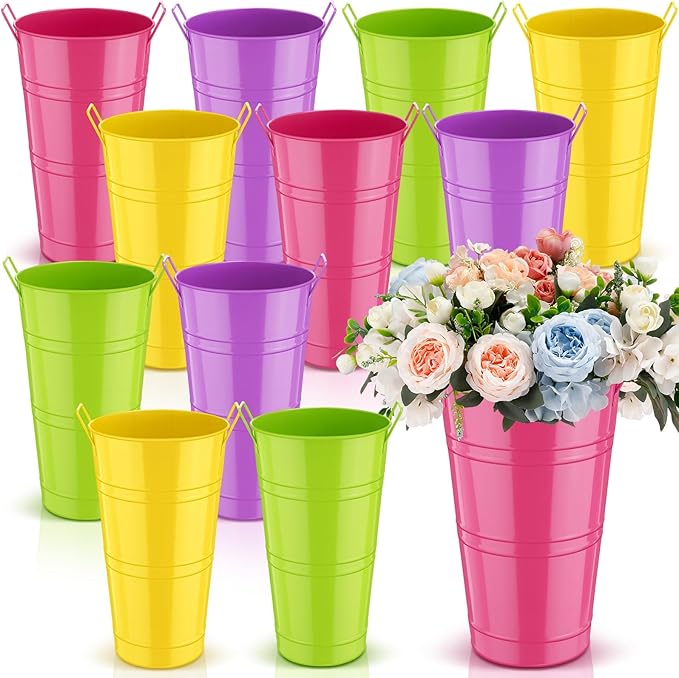 Zhehao 12 PCS 12 Inch Galvanized Metal Vase with Handles Bulk Tin Flower Buckets Galvanized Vases for Country Wedding Table Centerpieces Flower Buckets for Wedding Home (Green, Yellow, Purple, Rose)