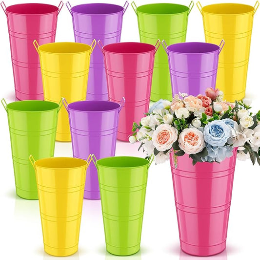 Zhehao 12 PCS 12 Inch Galvanized Metal Vase with Handles Bulk Tin Flower Buckets Galvanized Vases for Country Wedding Table Centerpieces Flower Buckets for Wedding Home (Green, Yellow, Purple, Rose)