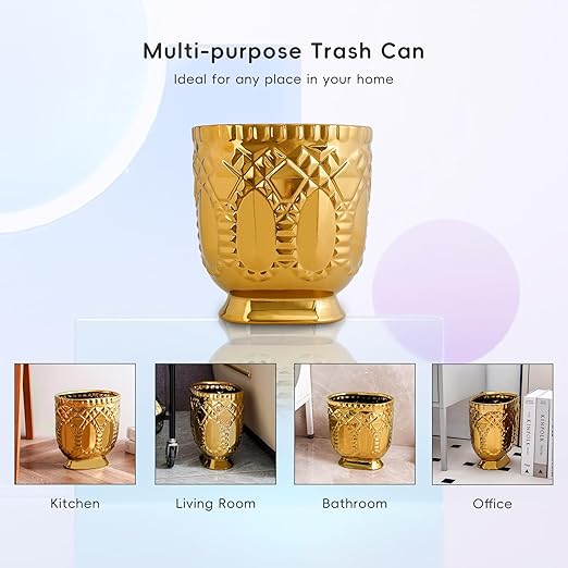 Modern Golden Trash Can, Ceramic Waste Container Garbage Receptacle Bin for Bathrooms, Powder Rooms, Kitchens - Stylish Wastebasket Garbage Can for Home & Office