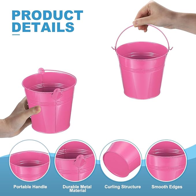 PATIKIL 5"x4.7" Small Metal Buckets with Handle, 12 Pcs Mini Bucket Easter Buckets, Rose Red