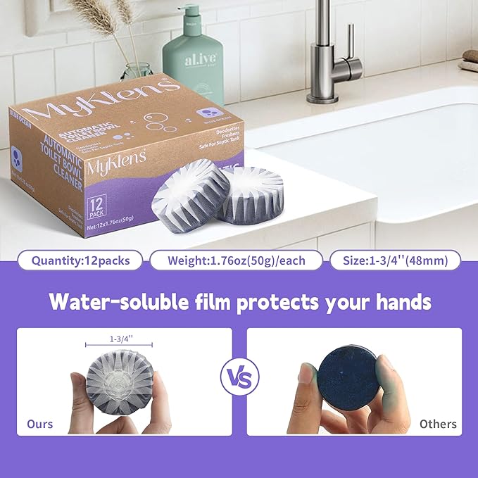 Toilet Bowl Cleaner Tablets, Automatic Toilet Bowl Cleaners, Long-Lasting Toilet Tabs Drop in Tank for Deodorizing & Descaling, Purple, 12 Packs