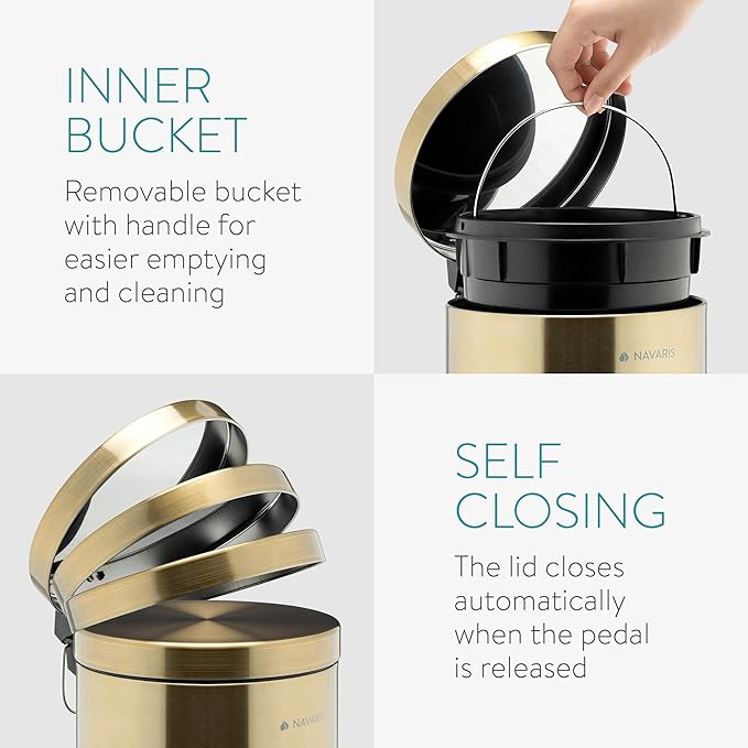 Navaris Small Gold Trash Can - 1.3 Gallon (5 Liter) Trash Can with Step Pedal, Lid and Removable Inner Bucket for Bathroom Kitchen Office or Bedroom