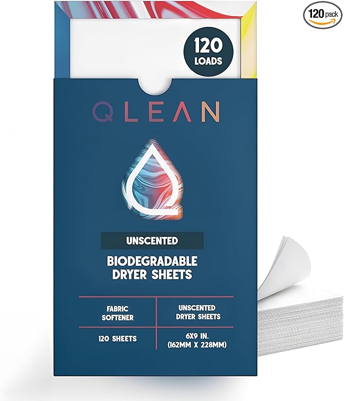 QLEAN Dryer Sheets | Natural Fabric Softener & Removes Static Cling | Vegan Laundry Softener | Soft, Fresh Laundry, Perfect for Clothes and Beddings, Unscented - 120 Loads
