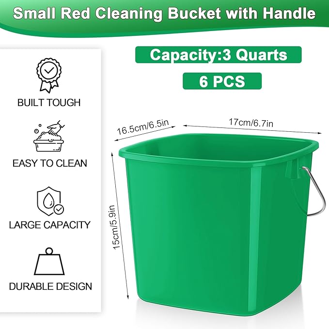 Zhehao 6 Pcs 3 Quart Cleaning Bucket Small Detergent Square Bucket Sanitizing Plastic Pail with Handles Square Cleaning Pail for Home, Offices, School, Commercial Use, Food Service(Dark Green)