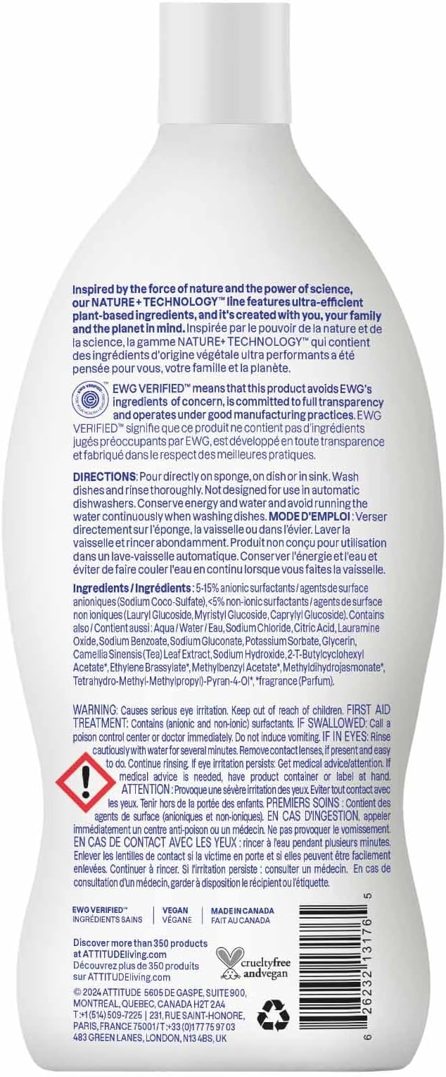 ATTITUDE Dish Soap, EWG Verified, Plant-Based & Vegan Dishwashing Liquid, Naturally Derived, Pink Grapefruit Scent, 23.7 Fl Oz