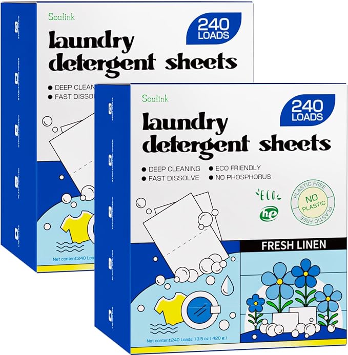 Soulink Laundry Detergent Sheets, 480 Loads (2 Pack) - Eco-Friendly, Plant-Based, Hypoallergenic, No Plastic Jug, Fresh Linen Scent