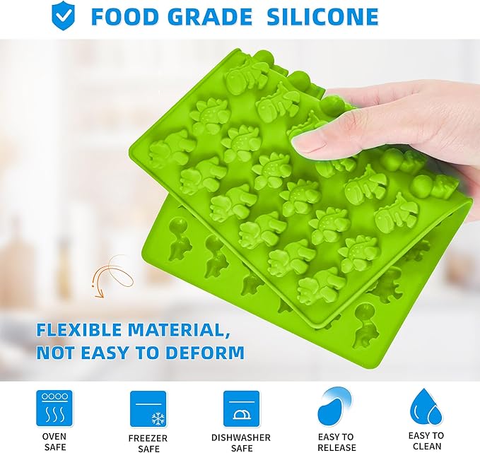 Dinosaur Silicone Molds 4 PCS, Non-stick Mini Size Candy Gummy Molds with 2 Droppers, BPA Free Food Grade Silicone Molds, Chocolate Molds