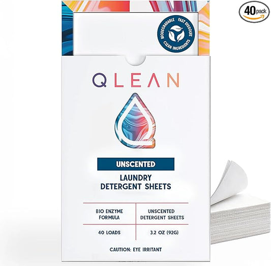 QLEAN Laundry Detergent Sheets (Travel Size 40 Loads) – Travel Laundry Detergent Sheets for Sensitive Skin, Unscented Fragrance Free Eco-Friendly Laundry Soap, HE & Standard Washer Safe, Stain Remover