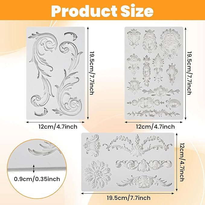 3Pcs Baroque Embossed Cake Decorating Mold, Silicone Flower Fondant Molds Cake Border Fondant Molds for Chocolate Candy Mousse Butter Biscuit Marzipan Sugar Craft Cakes 7.7 * 4.7 * 0.35 Inch