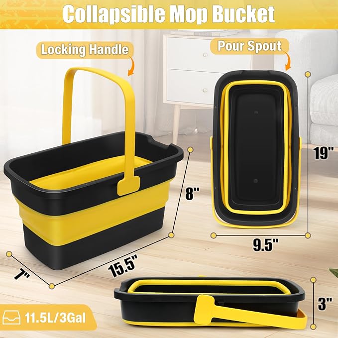 Collapsible Mop Bucket for Cleaning with Handle, Silicone Square Wash Bucket for Windows Cleaning Car Washing,Cleaning Supplies Organizer Plastic Water Bucket for Storage Household use, 3-Gallon