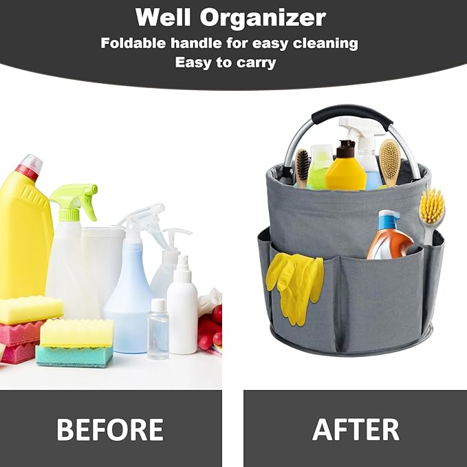 17L Cleaning Caddy with Handle, Cleaning Supplies Organizer, Foldable Storage Basket, Cleaning Supply Caddy, Portable Multi Cleaning Bucket Bag for Home, Garden (Grey)