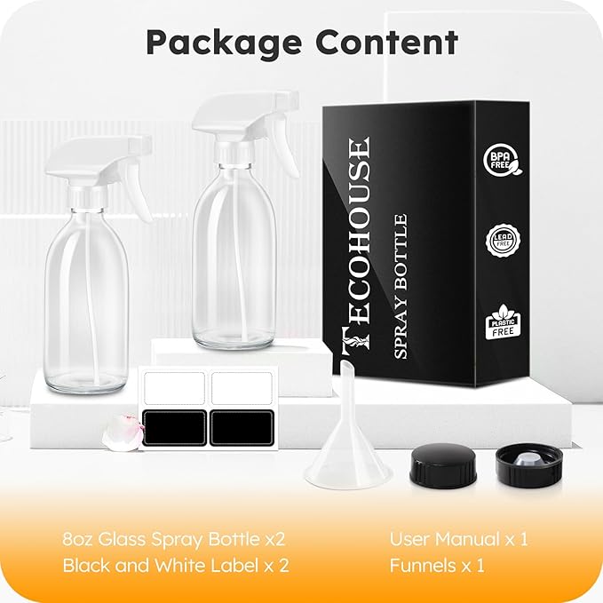 Tecohouse Glass Spray Bottle 8 oz, Clear Small Empty Refillable Sprayer Container with Labels, Funnel, Lids, Graduated Pipettes - Handheld Size