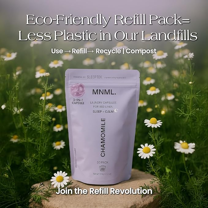 MNML Chamomile Laundry Pods designed for Sleep & Calm, Eco-Friendly Natural Laundry Detergent Pods for Sensitive Skin. No Plastic, Natural Bio-Enzymes, Luxury Fragrance, 30ct Capsules, Refill Bag