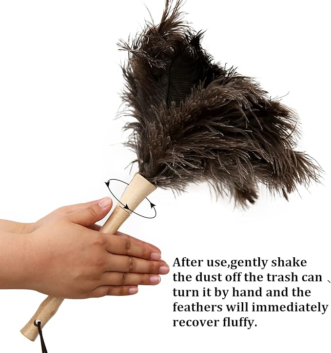Ostrich Feather Duster 16 inch Feather Duster Fluffy Natural Genuine Ostrich Feathers with Wooden Handle and Eco-Friendly Reusable Handheld Ostrich Feather Duster for Cleaning Supplies