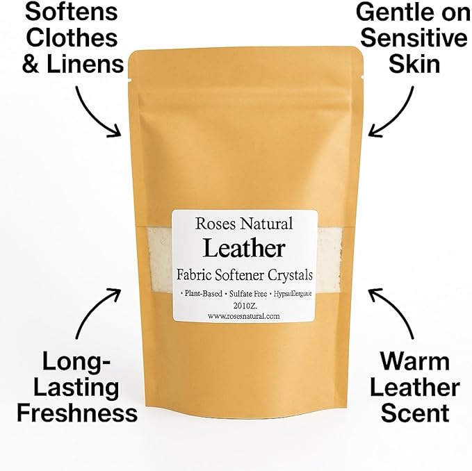 Fabric Softener Crystals, 20 oz, Plant-Based, Hypoallergenic Scent Beads, Softens & Freshens Laundry, Available in Peppermint, Lavender, Patchouli, Leather, Made in the USA (Leather)