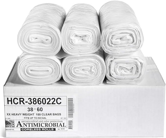 Aluf Plastics High Density Trash Bags, 60 Gallon, 150 Count, 22 Micron (eq), 38" x 60", Clear, for Bathroom, Office, Industrial, Commercial, Janitorial, Municipal, Recycling