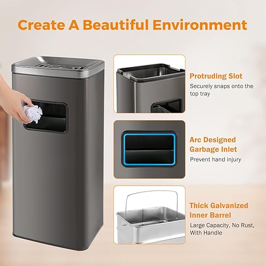 BEAMNOVA Trash Can Indoor Outdoor Stainless Steel Commercial Garbage Can Brushed Industrial Garbage Enclosure Inside Cabinet with Lid Waste Container, Metallic Black, 11.8 * 9.8 * 26.8 in