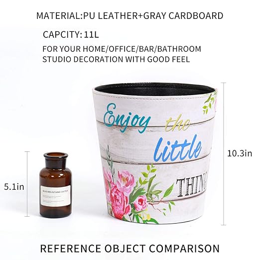 PU Leather Small Trash Can Wastebasket, Round Garbage Container Basket for Bathrooms, Laundry Room, Kitchens, Offices, Kids Rooms, Bedrooms,Dorms,Home Decorative Art Bin, 2.9 Gallon(Floral)