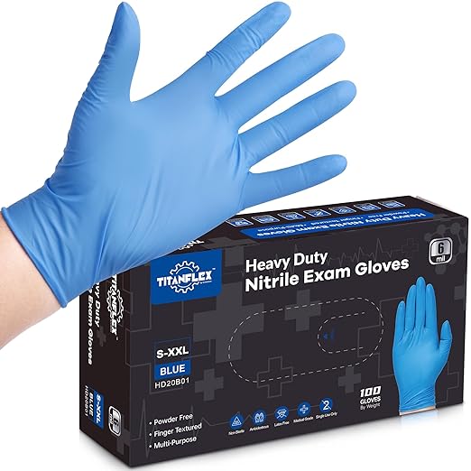 TitanFlex Nitrile Exam Gloves, Blue, 6-mil, XXL, Box of 100, Heavy Duty Nitrile Gloves Disposable Latex Free, Powder Free, Medical Gloves, Cooking Gloves, Mechanic Gloves, Cleaning Gloves