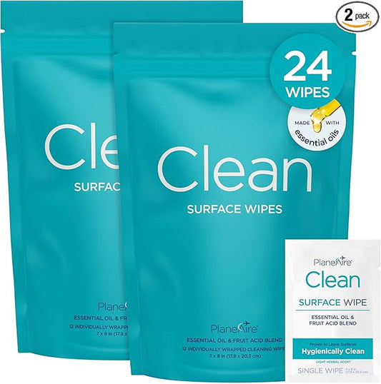 Clean Wipes | Surface Cleaning Wipes | Individually Wrapped Travel Wipes | All Purpose Cleaning Wipes | Airplane Travel Essentials | Travel Cleaning Supplies | On the Go | Essential Oils | 2 Pack