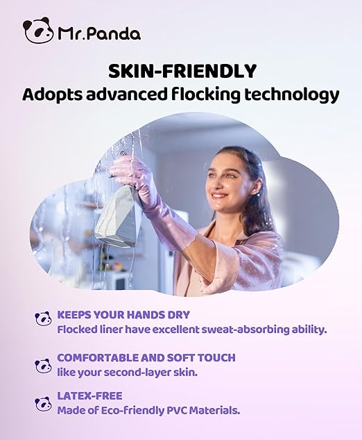 Mr.Panda Skin-Friendly Flocked Cotton Liner Cleaning Gloves Large, Reusable Dishwashing Gloves for Washing Dishes, Kitchen, Shimmering Pink