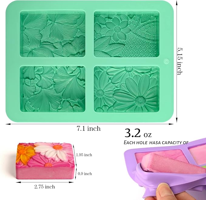 HUAKENER 2 Pack Silicone Soap Molds, Rectangle Soap Making Mold, 3D Rectangular Flower Pattern Silicone Molds for Handmade Soap, Bath Bombs, Candle, Chocolate
