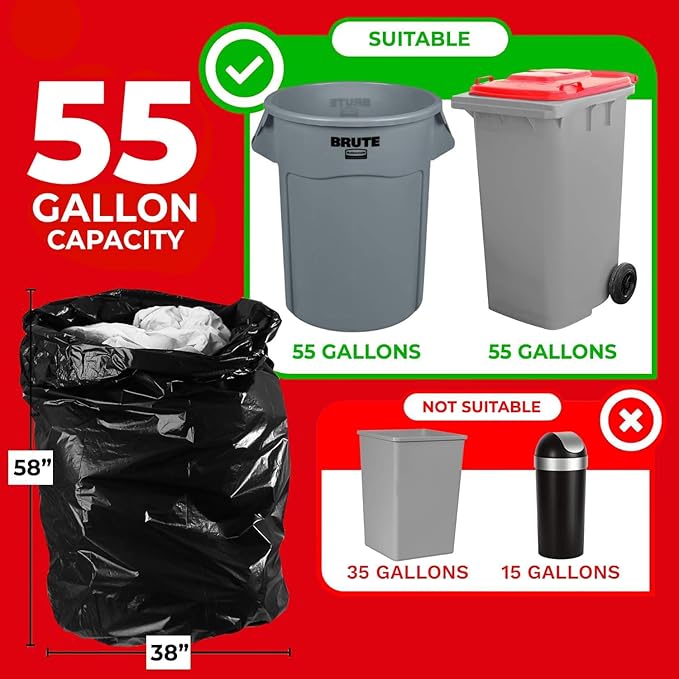 ToughBag 55 Gallon Trash Bags (32 Count) Heavy Duty Trash Bags, Black Garbage Bags, 2.5 Mil - Made in USA