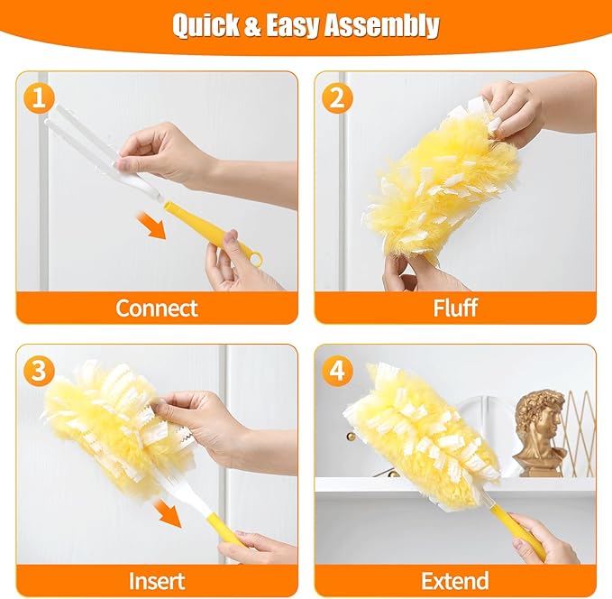 60 Count 360° Heavy Duty Duster Refills Compatible with Swiffer, Large Size-Extra Thick Disposable Electrostatic Feather Duster Refill with 1 Short Handle for Furniture, Blinds, Ceiling Fans