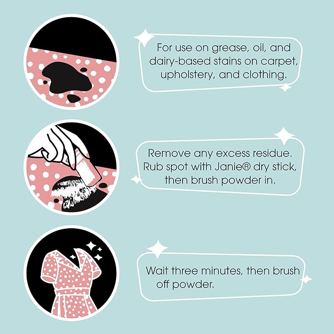 Janie Dry Stick Spot Cleaner (.4 oz) – Portable Instant Stain Remover Stick for Clothes – Magic Eraser Pen for Laundry, Travel, and On-the-Go Stain Removal – Compact, Safe, and Easy to Use