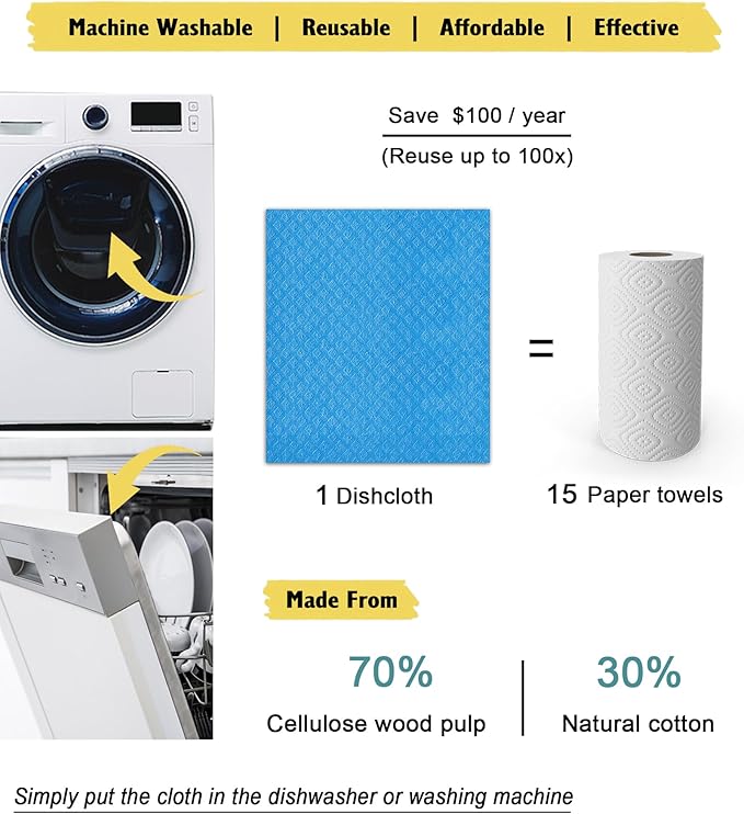 Swedish Dishcloths for Kitchen | 10 Pack Cellulose Sponge Dish Cloths Washable | Non-Scratch Reusable Towels Rags Ultra-Absorbent Cleaning Cloths Quick Drying
