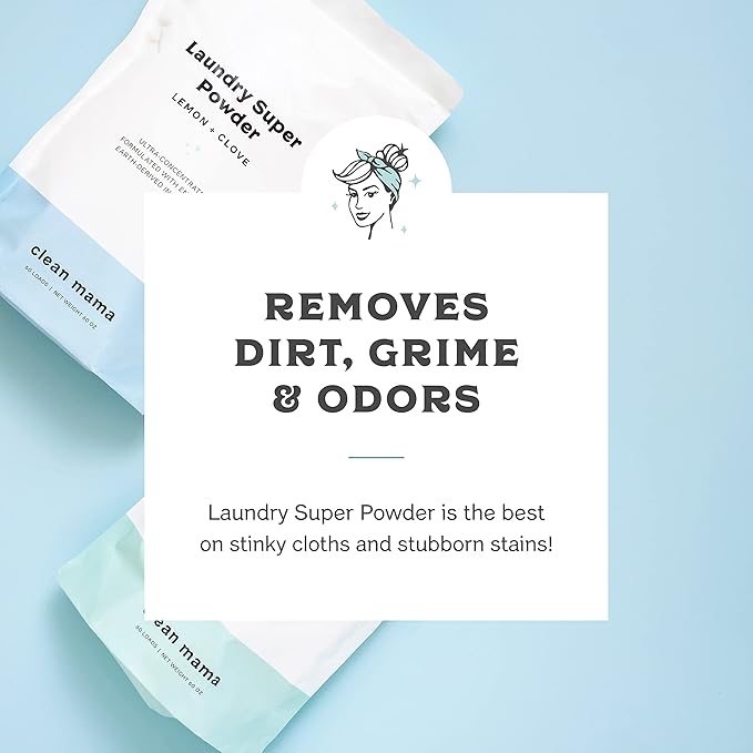 Clean Mama Laundry Super Powder Detergent - Extra Strength Laundry Detergent Powder - Natural Laundry Detergent for Sensitive Skin - Enzyme Powered, Fights Stains & Odors - Sweet Mint, 60 Loads