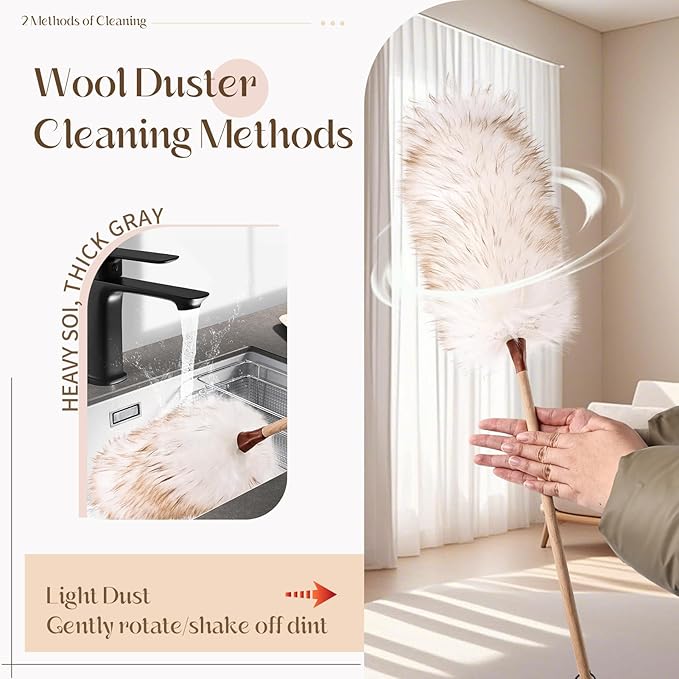 THARAHT Lamb Wool Duster Fluffy Long Handle Reusable for Cleaning Ceiling Fan,Pendant lamp, High Ceiling, Blinds, Furniture Feather Duster