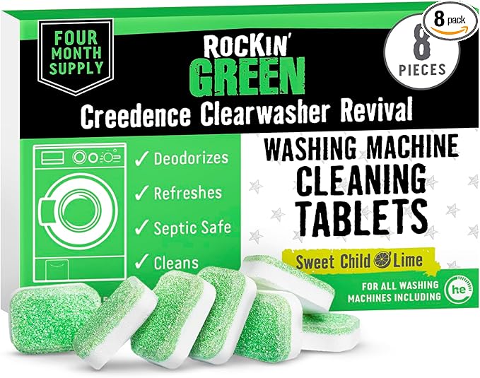 Rockin' Green Deep Cleaning and Deodorizing Tablets for Dishwashers, Washing Machines, and Garbage Disposals, Removes Odor and Residue (Washing Machine Cleaning Tablets, 8 Pack)