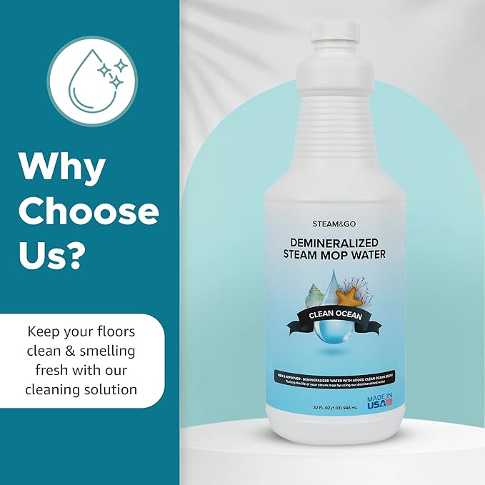 Steam & Go Demineralized Water - Multisurface Cleaner, PVC-Free Ready-to-Use for Mops & Floor Steamers - Ideal for Kitchen, Bathroom, & Home Surfaces - Clean Ocean Scent - 32oz (Pack of 6)